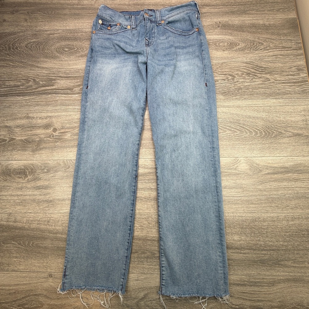 True Religion Jeans Womens 34 Blue Ricki Relaxed Straight Flap Pocket Frayed Hem